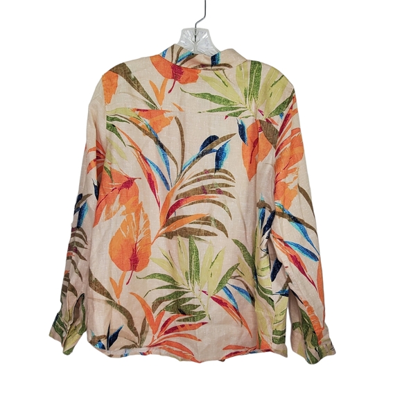 CHICO'S Linen Tropical Button Down Tab Sleeve Blouse Shirt Sz 2 12/14 Palm Leaf - Picture 5 of 11